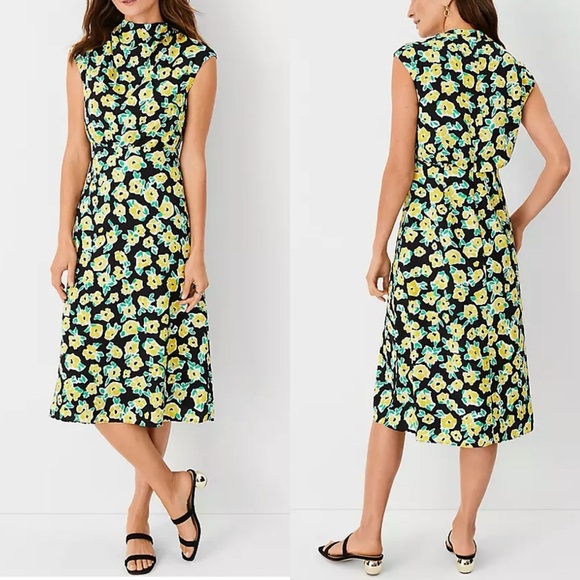 Ann Taylor Dresses & Skirts - NWT Ann Taylor Floral Mock Neck Midi Flare Dress Floral Size 12 Black Yellow